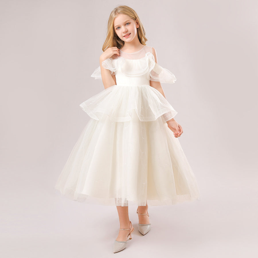 Ball Gown Cold Shoulder Short Sleeves Ruffles Flower Girl Dresses