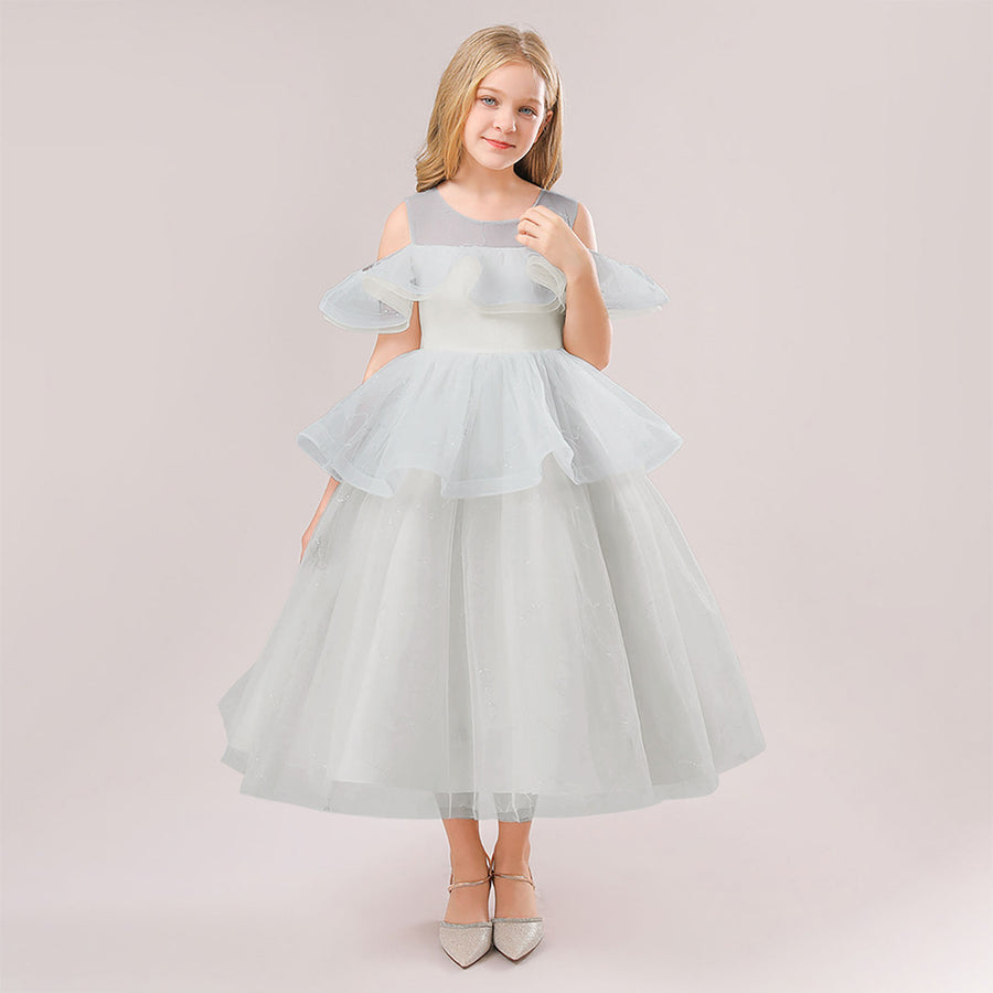 Ball Gown Cold Shoulder Short Sleeves Ruffles Flower Girl Dresses