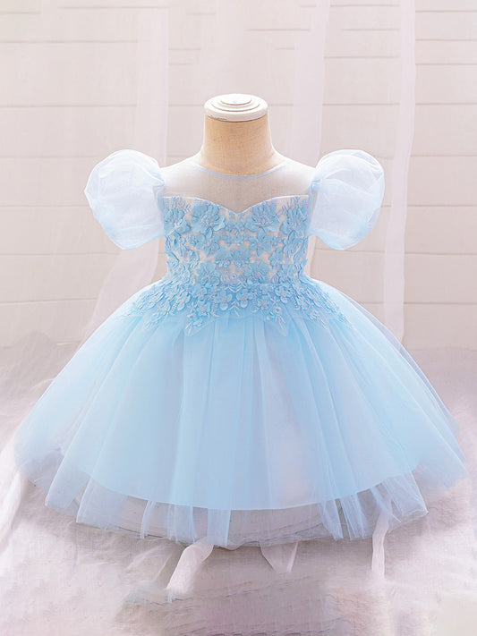 Ball Gown Scoop Puff Sleeves Applique Flower Girl Dresses