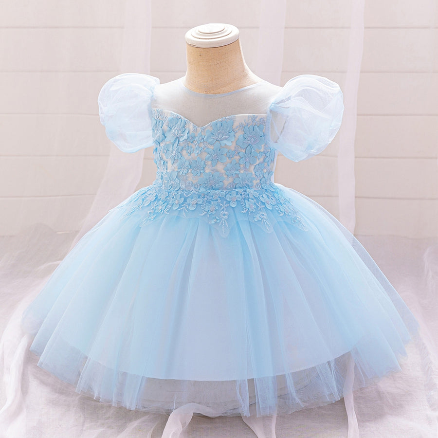 Ball Gown Scoop Puff Sleeves Applique Flower Girl Dresses