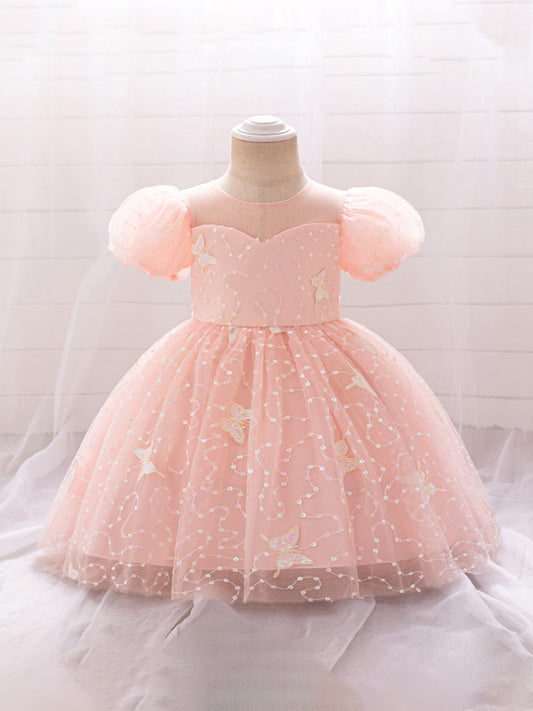 Ball Gown Scoop Puff Sleeves Sequins Flower Girl Dresses