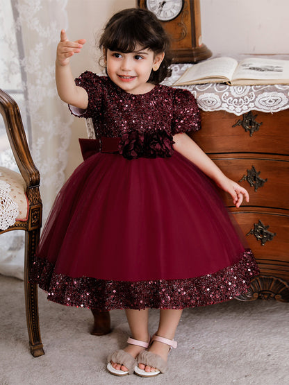 Ball Gown Scoop Puff Sleeves Sequins Flower Girl Dresses