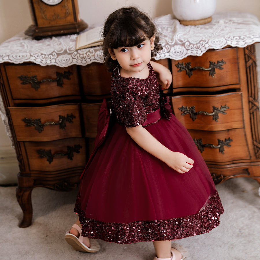 Ball Gown Scoop Puff Sleeves Sequins Flower Girl Dresses