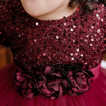 Ball Gown Scoop Puff Sleeves Sequins Flower Girl Dresses