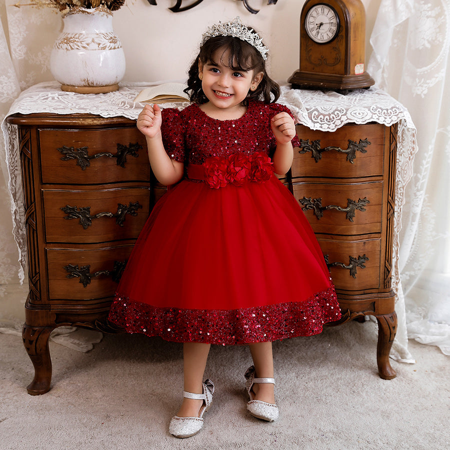 Ball Gown Scoop Puff Sleeves Sequins Flower Girl Dresses