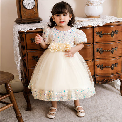 Ball Gown Scoop Puff Sleeves Sequins Flower Girl Dresses