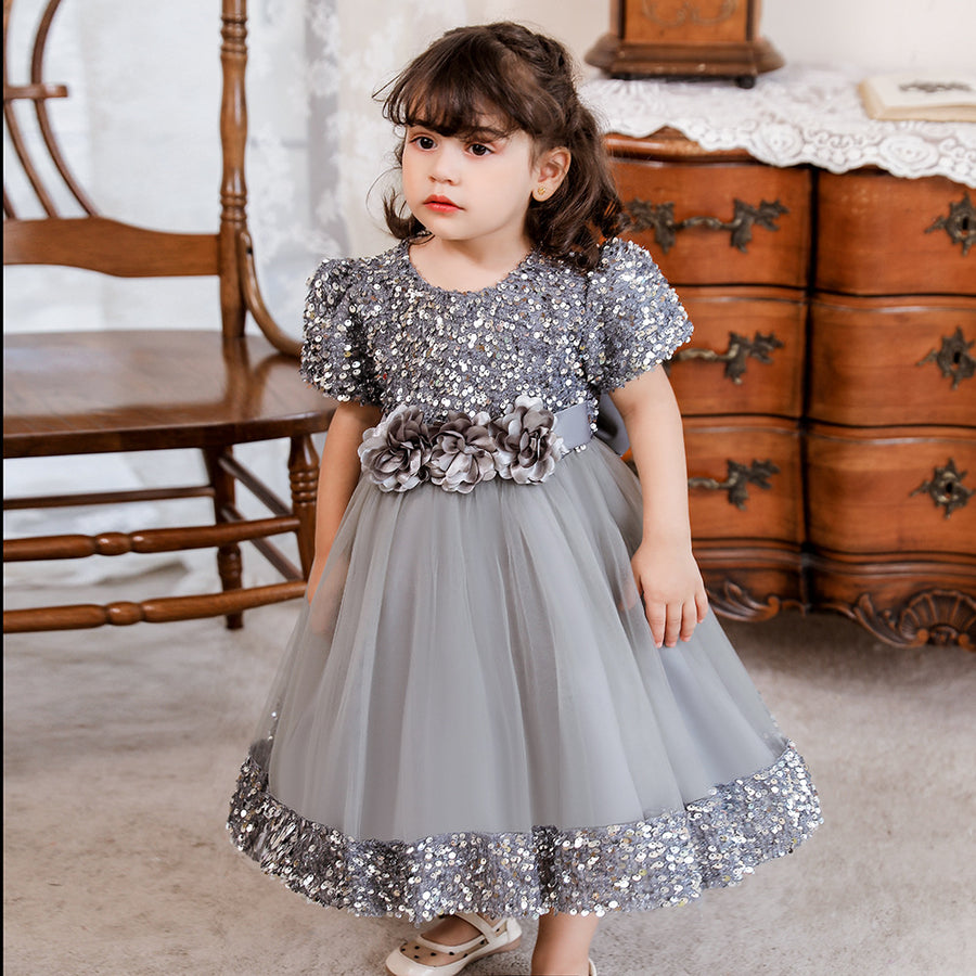 Ball Gown Scoop Puff Sleeves Sequins Flower Girl Dresses