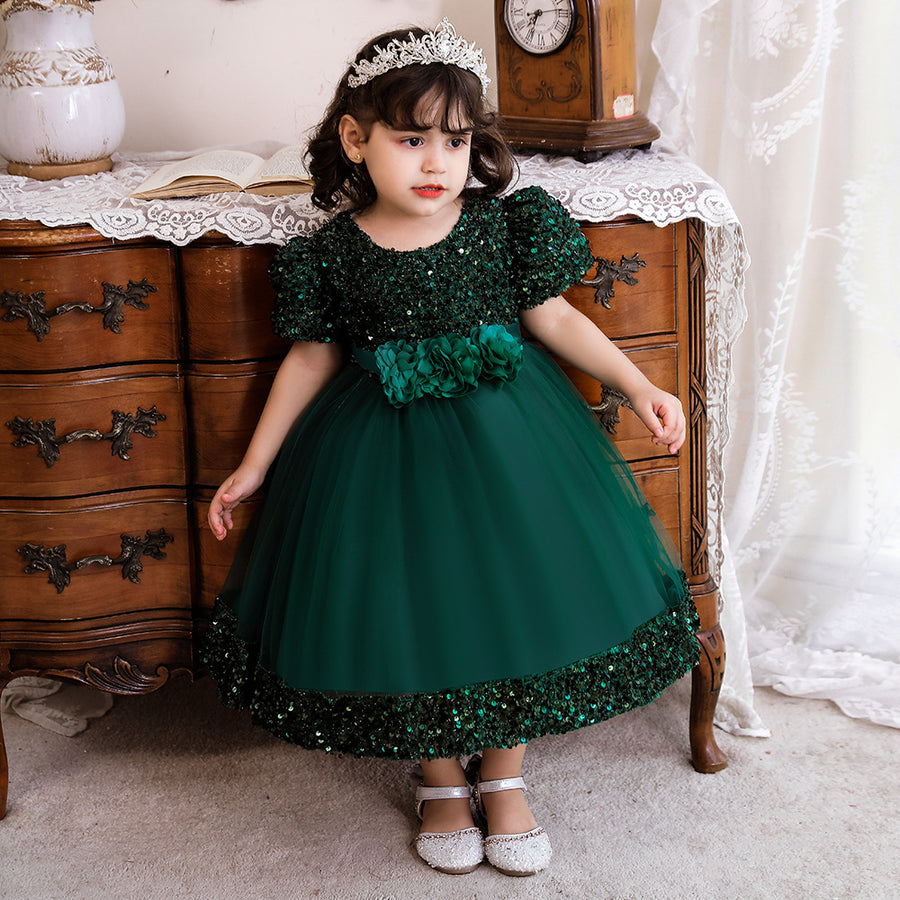 Ball Gown Scoop Puff Sleeves Sequins Flower Girl Dresses