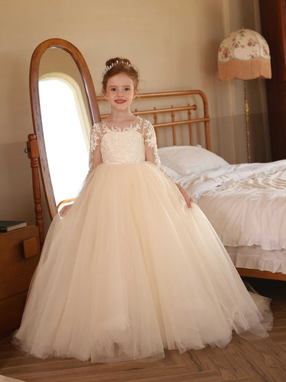 Crew Neck Illusion Long Sleeves Tulle Flower Girl Dresses with Applique