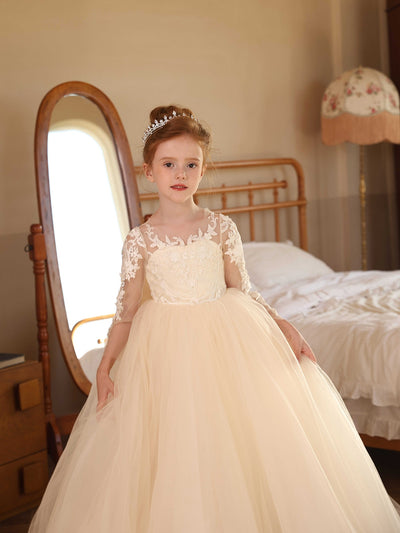 Crew Neck Illusion Long Sleeves Tulle Flower Girl Dresses with Applique