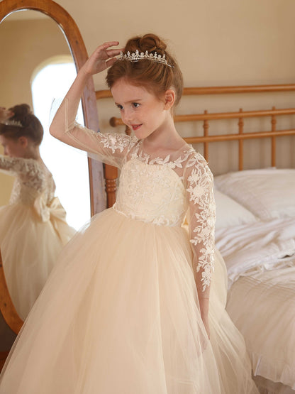 Crew Neck Illusion Long Sleeves Tulle Flower Girl Dresses with Applique