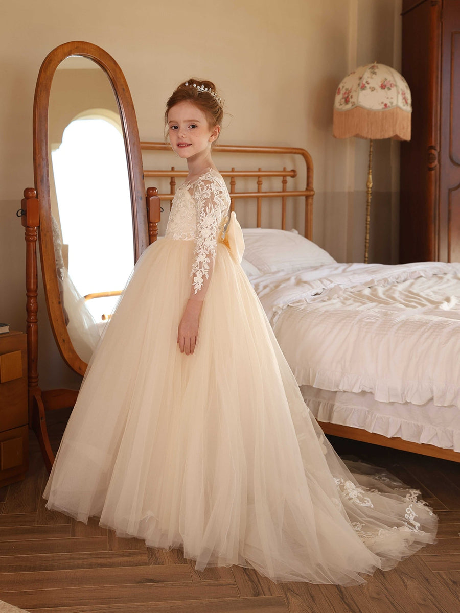 Crew Neck Illusion Long Sleeves Tulle Flower Girl Dresses with Applique