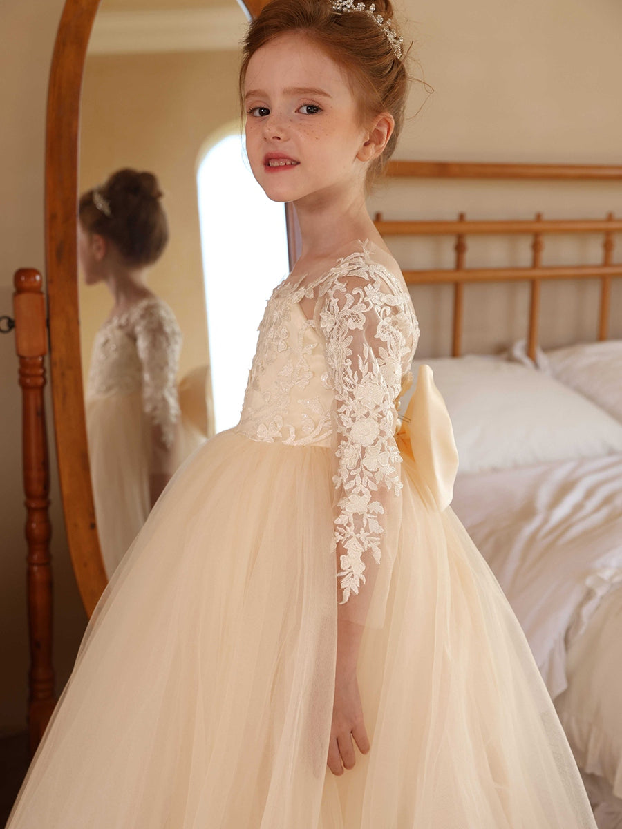 Crew Neck Illusion Long Sleeves Tulle Flower Girl Dresses with Applique