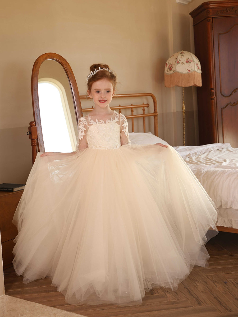 Crew Neck Illusion Long Sleeves Tulle Flower Girl Dresses with Applique