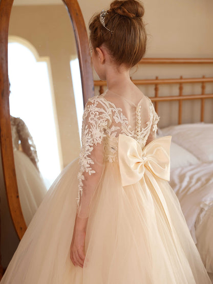 Crew Neck Illusion Long Sleeves Tulle Flower Girl Dresses with Applique