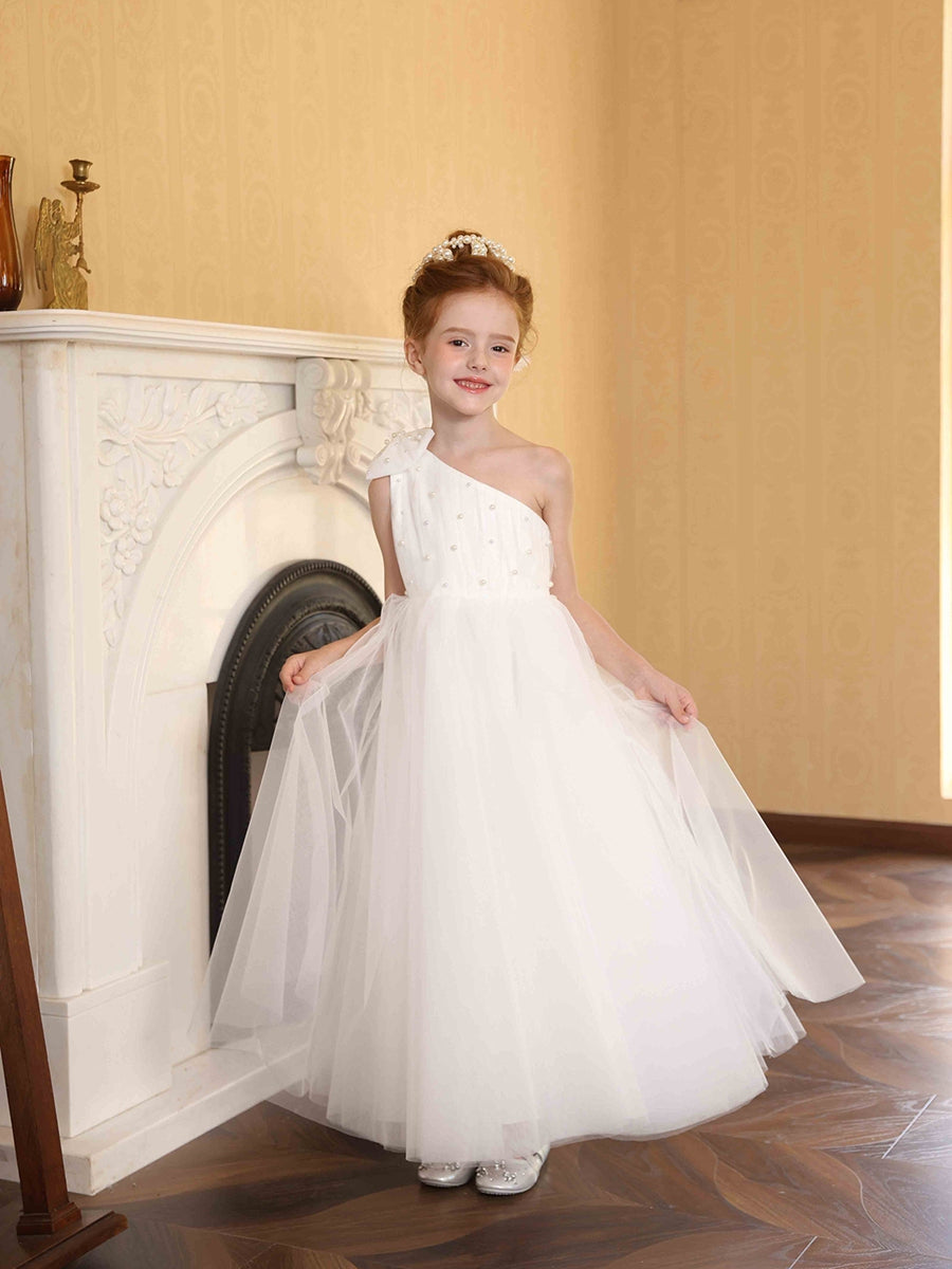 A-Line/Princess One-Shoulder Tulle Flower Girl Dresses with Pearls