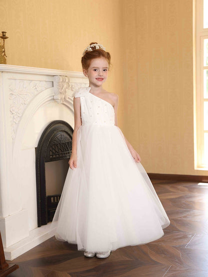 A-Line/Princess One-Shoulder Tulle Flower Girl Dresses with Pearls