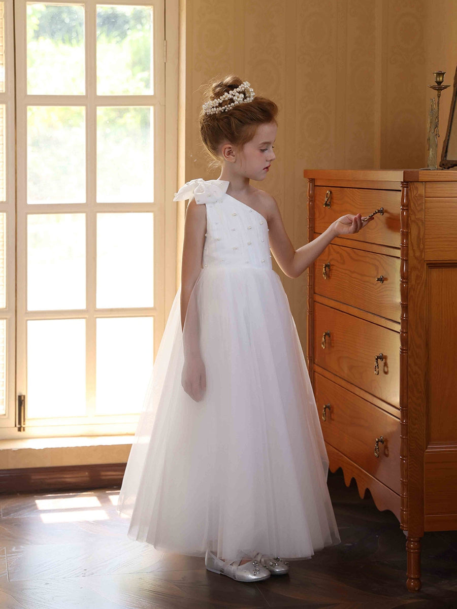 A-Line/Princess One-Shoulder Tulle Flower Girl Dresses with Pearls