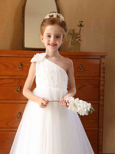 A-Line/Princess One-Shoulder Tulle Flower Girl Dresses with Pearls