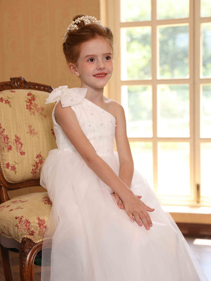 A-Line/Princess One-Shoulder Tulle Flower Girl Dresses with Pearls