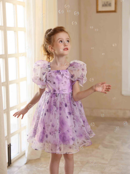 A-Line/Princess Square Neck Printed Floral Flower Girl Dresses with Puff Sleeves