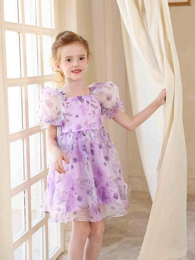 A-Line/Princess Square Neck Printed Floral Flower Girl Dresses with Puff Sleeves