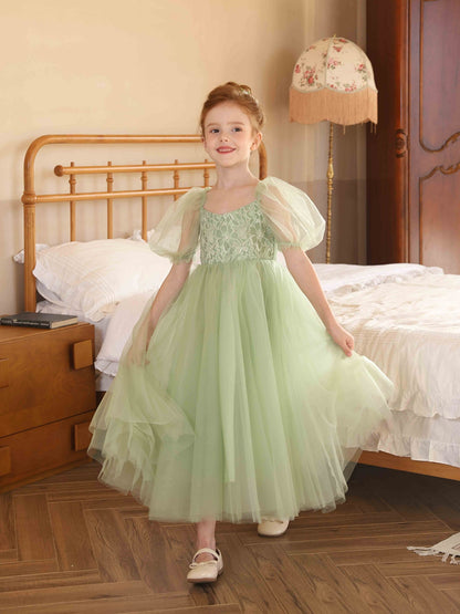 A-Line/Princess V-Neck Puff Sleeves Tulle Flower Girl Dresses