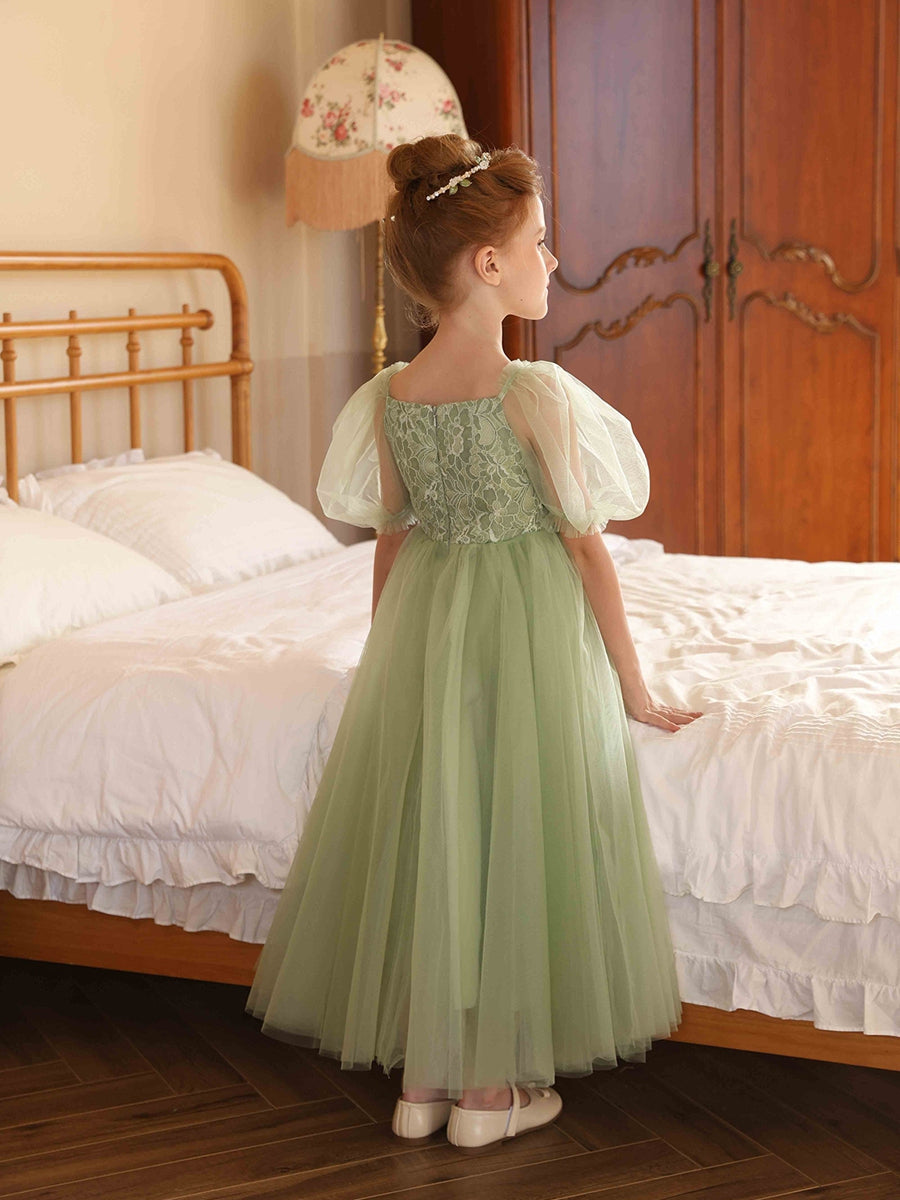 A-Line/Princess V-Neck Puff Sleeves Tulle Flower Girl Dresses