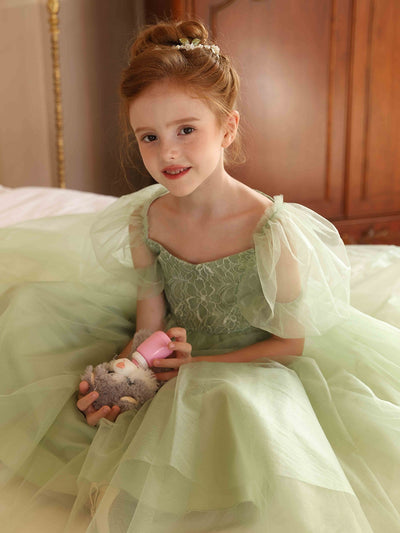 A-Line/Princess V-Neck Puff Sleeves Tulle Flower Girl Dresses