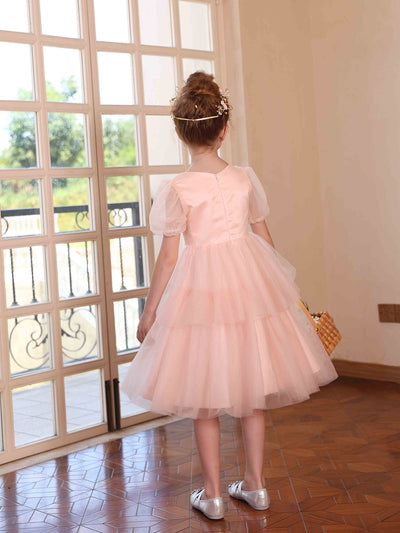 A-Line/Princess Crew Neck Puff Sleeves Tiered Tulle Flower Girl Dresses