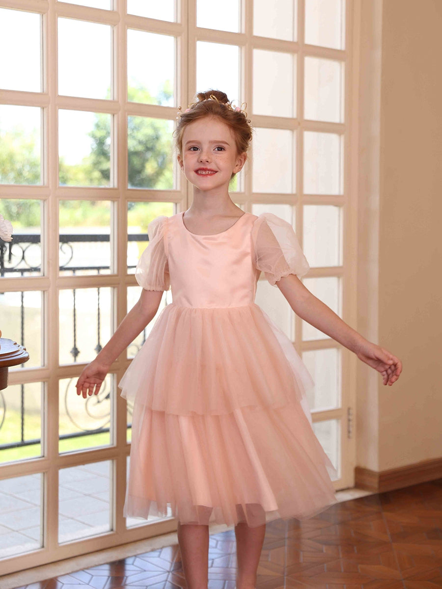 A-Line/Princess Crew Neck Puff Sleeves Tiered Tulle Flower Girl Dresses