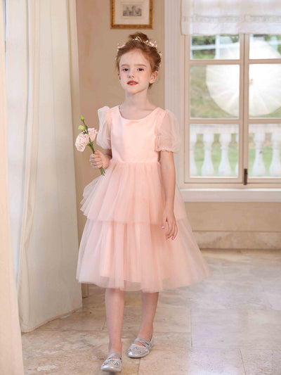 A-Line/Princess Crew Neck Puff Sleeves Tiered Tulle Flower Girl Dresses