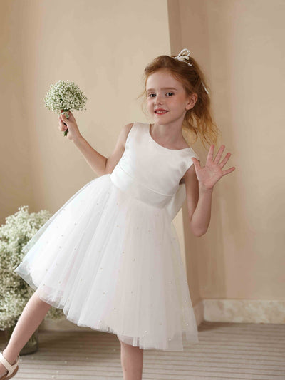 A-Line/Princess Crew Neck Sleeveless Tulle Flower Girl Dresses with Pearls