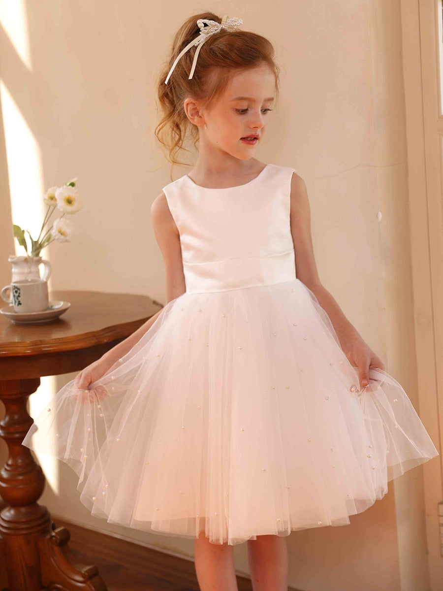 A-Line/Princess Crew Neck Sleeveless Tulle Flower Girl Dresses with Pearls