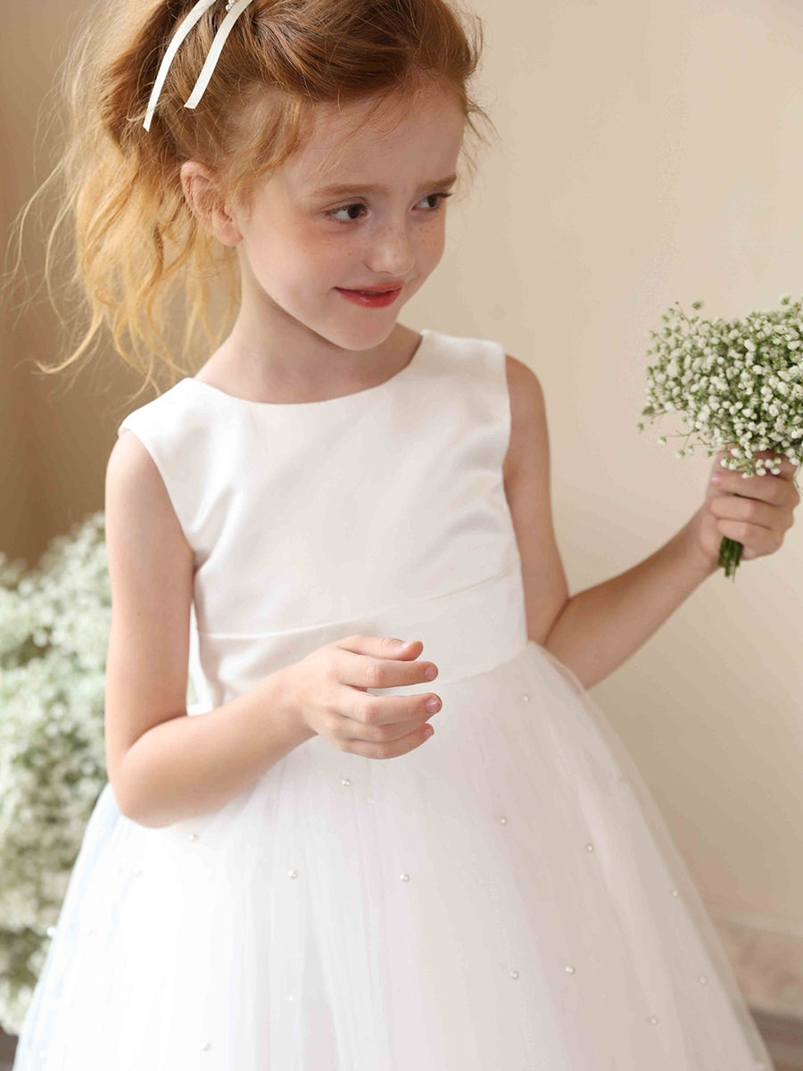 A-Line/Princess Crew Neck Sleeveless Tulle Flower Girl Dresses with Pearls