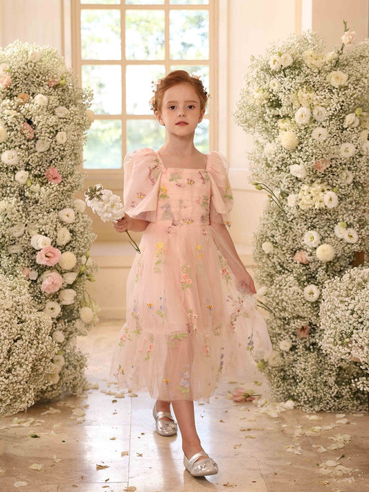 A-Line/Princess Square Neck Puff Sleeves Tulle Flower Girl Dresses with Embroidery