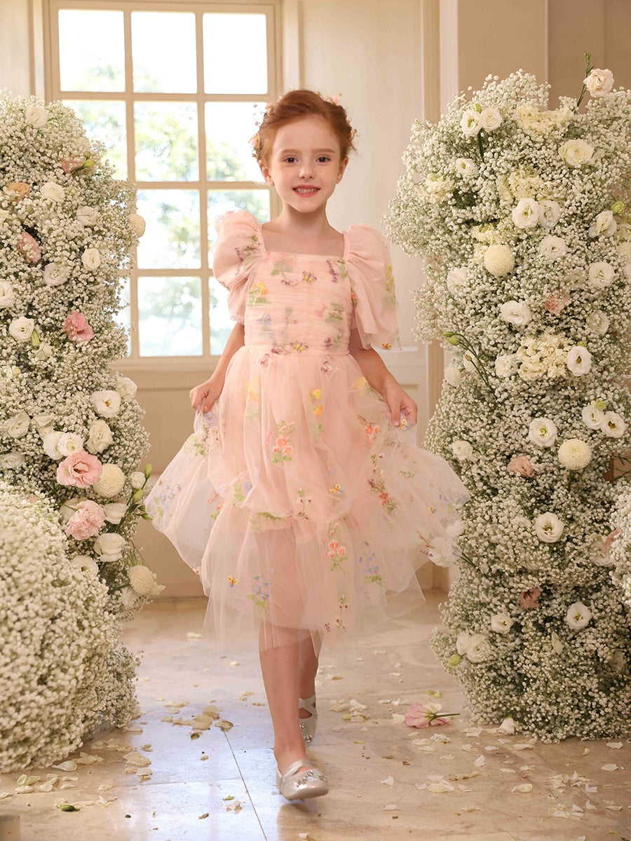 A-Line/Princess Square Neck Puff Sleeves Tulle Flower Girl Dresses with Embroidery