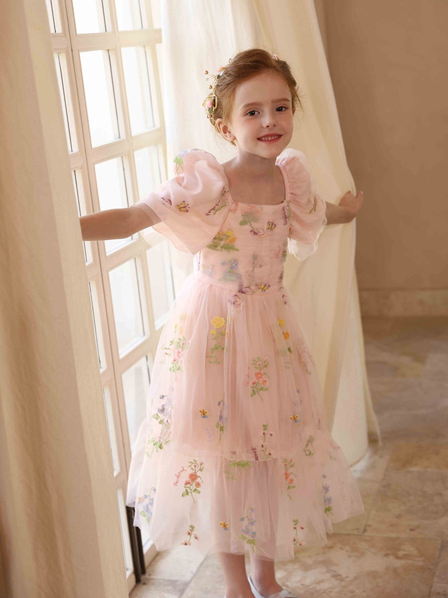 A-Line/Princess Square Neck Puff Sleeves Tulle Flower Girl Dresses with Embroidery