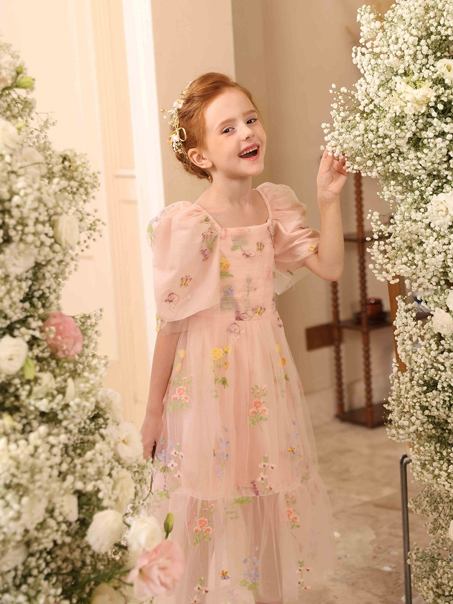 A-Line/Princess Square Neck Puff Sleeves Tulle Flower Girl Dresses with Embroidery