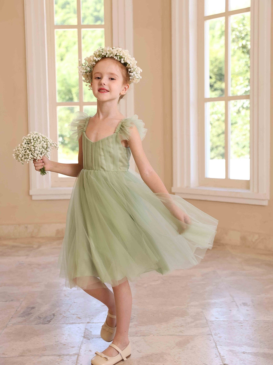 A-Line/Princess V-Neck Flying Sleeves Pleated Tulle Flower Girl Dresses