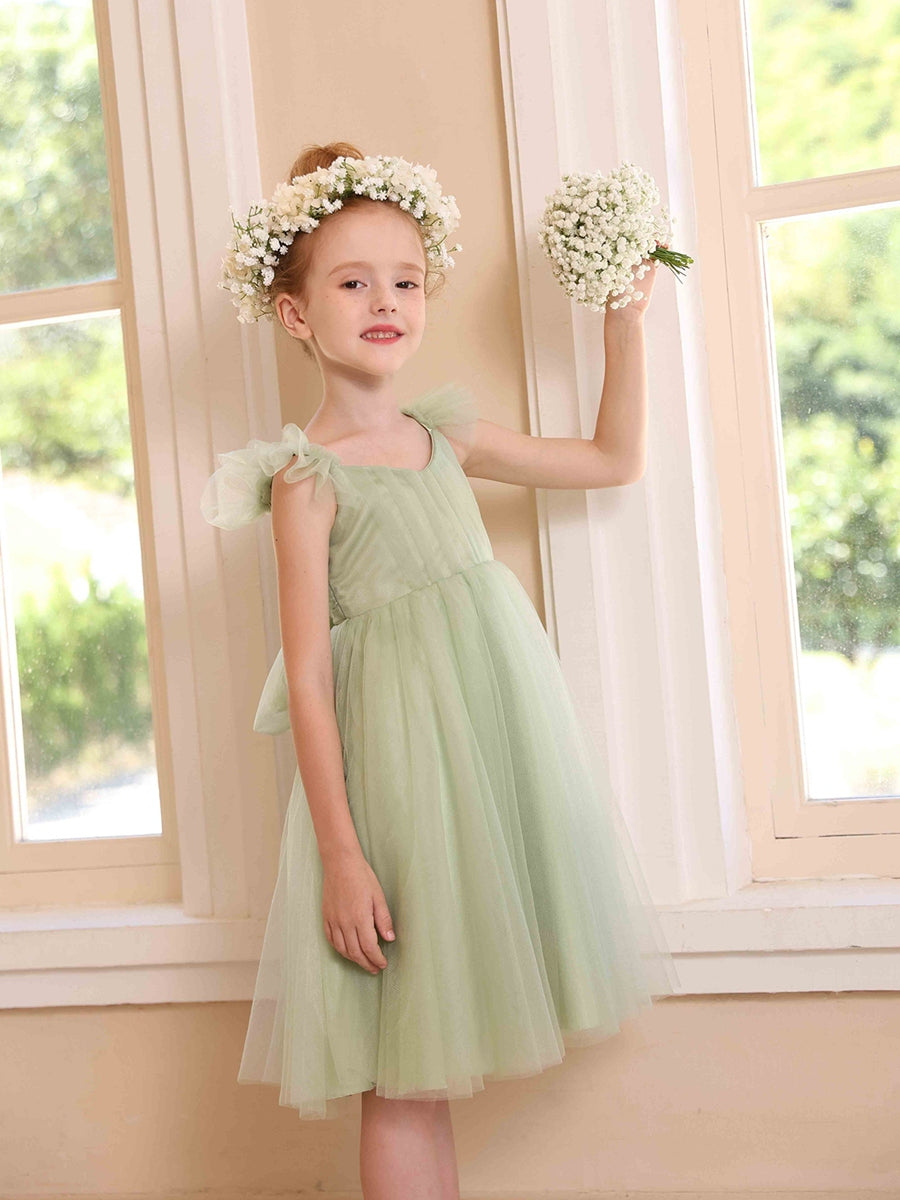 A-Line/Princess V-Neck Flying Sleeves Pleated Tulle Flower Girl Dresses