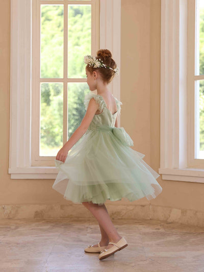 A-Line/Princess V-Neck Flying Sleeves Pleated Tulle Flower Girl Dresses