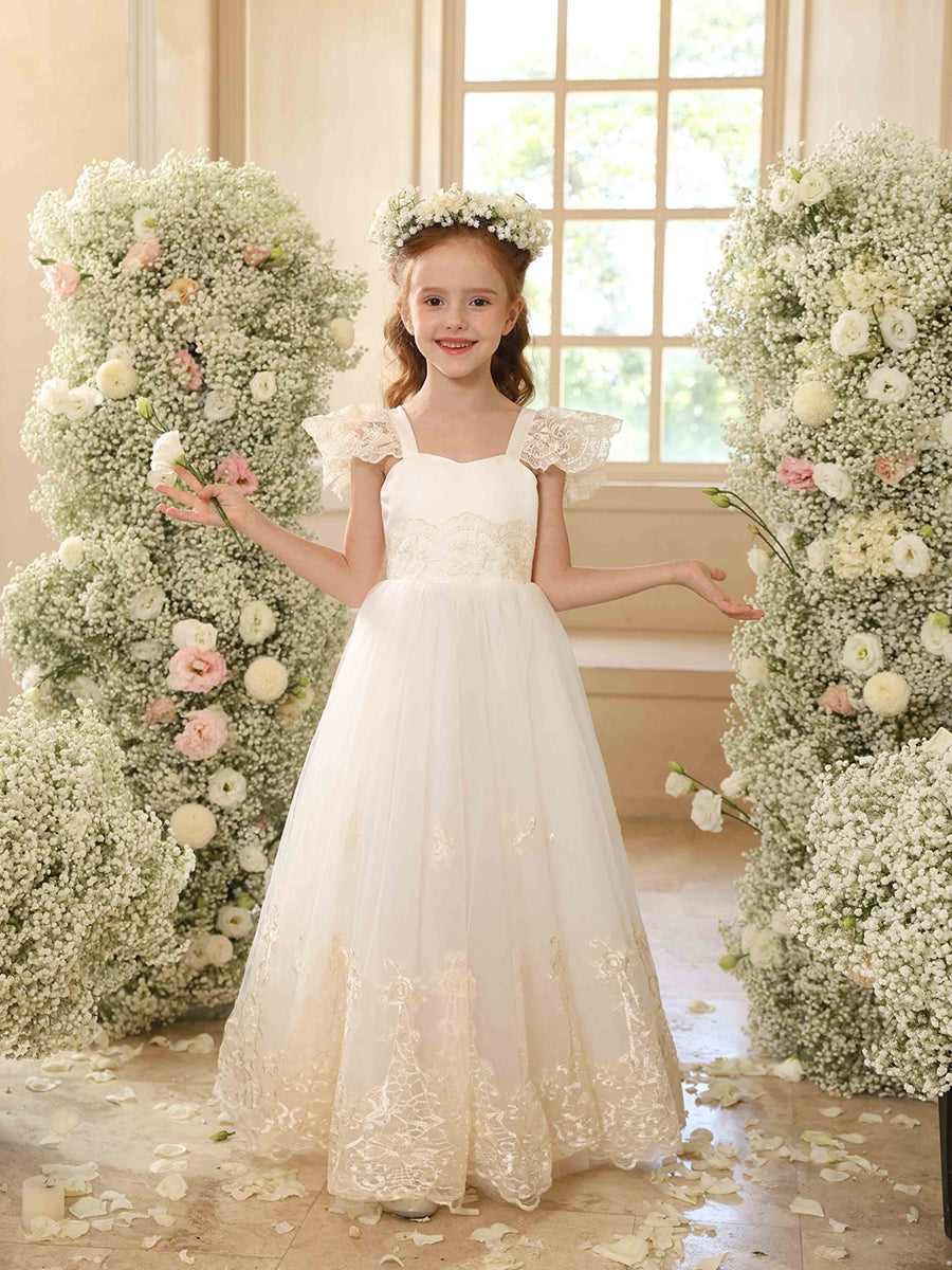 Ball Gown Crew Neck Flying Sleeves Flower Girl Dresses with Applique