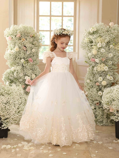 Ball Gown Crew Neck Flying Sleeves Flower Girl Dresses with Applique