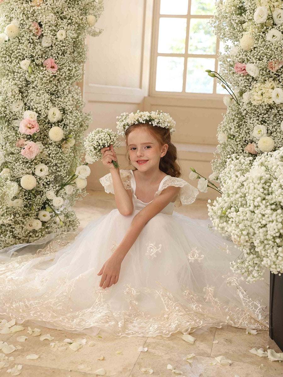 Ball Gown Crew Neck Flying Sleeves Flower Girl Dresses with Applique