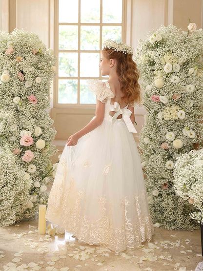 Ball Gown Crew Neck Flying Sleeves Flower Girl Dresses with Applique