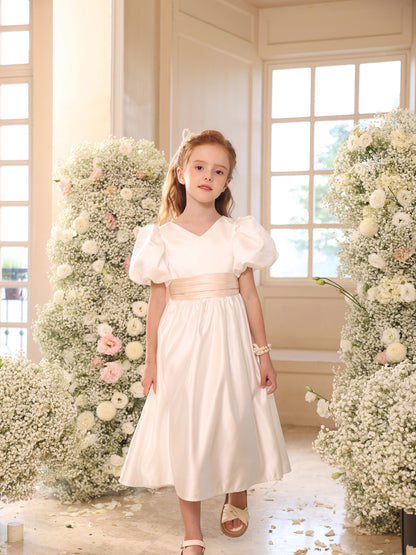 A-Line/Princess V-Neck Puff Sleeves Flower Girl Dresses with Sash