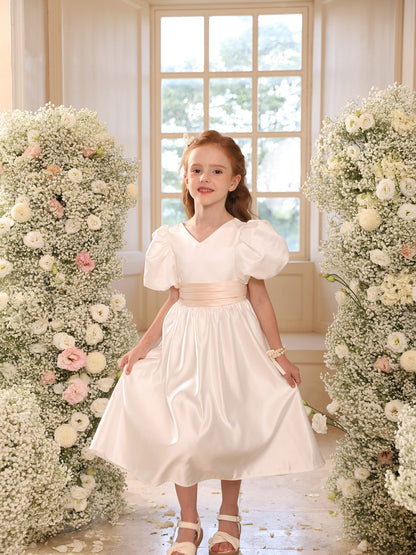 A-Line/Princess V-Neck Puff Sleeves Flower Girl Dresses with Sash