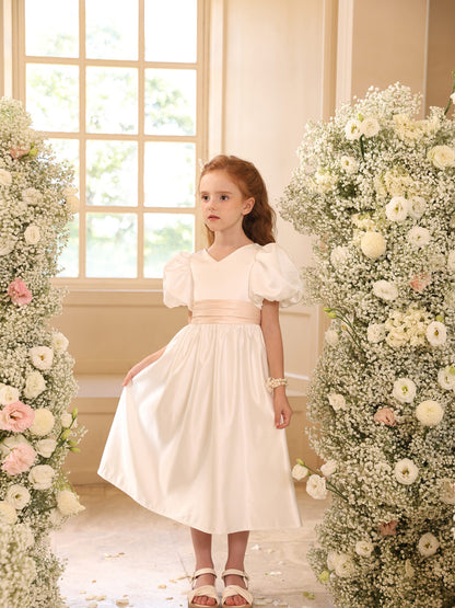 A-Line/Princess V-Neck Puff Sleeves Flower Girl Dresses with Sash