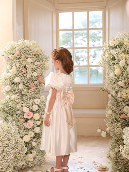 A-Line/Princess V-Neck Puff Sleeves Flower Girl Dresses with Sash